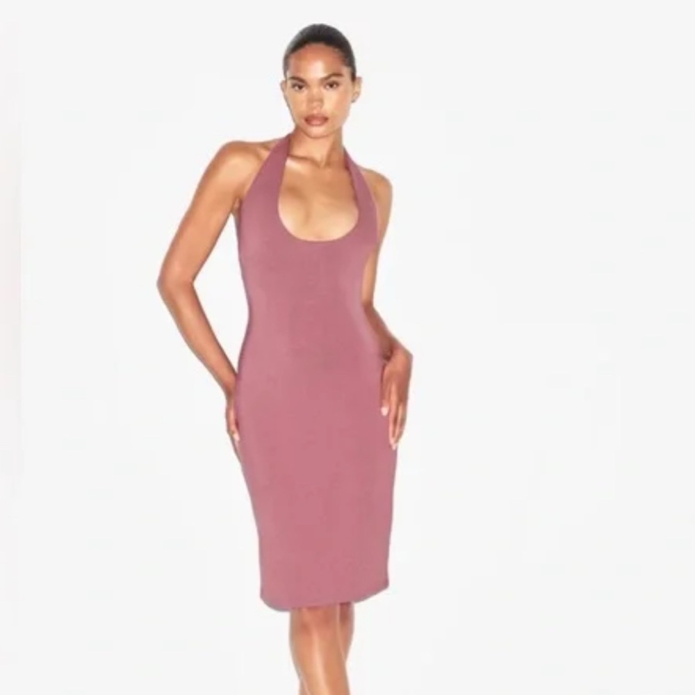 Skims Plunge Halter Midi Dress Redwood